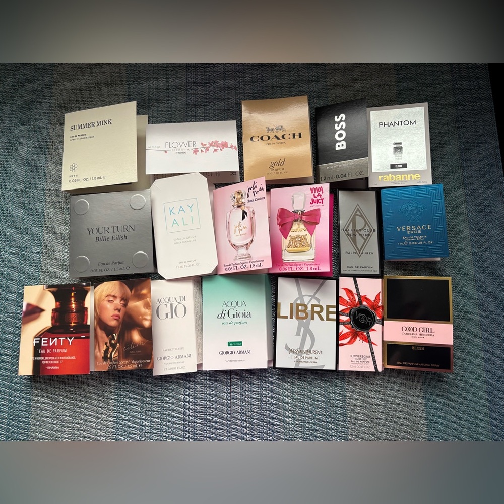 Designer Fragrance Sample Collection with soft cosmetic bag